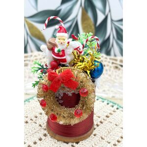 Miniature ALL VINTAGE Thread Spool Christmas Assemblage Santa
